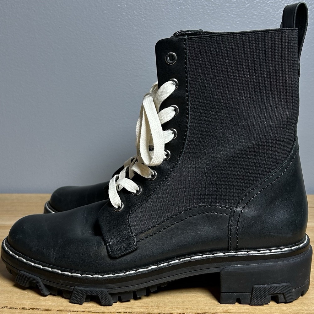 Rag & Bone Black Leather Elastic Sides White Laces Shiloh Combat Ankle Boots - Picture 4 of 6